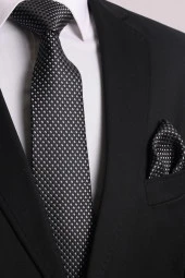 Esgue Hand Made 7.5 cm Siyah Gri Desenli Kravat Mendil thumbnail 1