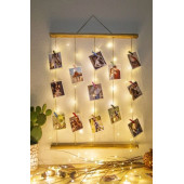 Mandallı İpli Işıklı Fotoğraf Askısı, Ledli Anı Duvarı, Ahşap Fotoğraf Çerçevesi - 1