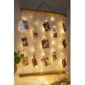 Mandallı İpli Işıklı Fotoğraf Askısı, Ledli Anı Duvarı, Ahşap Fotoğraf Çerçevesi - 3