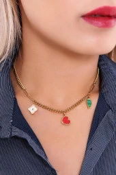 Kadın Özel  Kalp Yaprak İnci Taşlı  Çelik  Kolye thumbnail 1