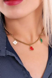 Kadın Özel  Kalp Yaprak İnci Taşlı  Çelik  Kolye thumbnail 2