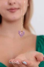 Kadın Altın Kaplama  Kalp Desenli Taşlı Çelik Kolye thumbnail 1