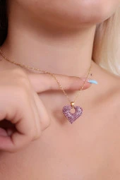 Kadın Altın Kaplama  Kalp Desenli Taşlı Çelik Kolye thumbnail 3