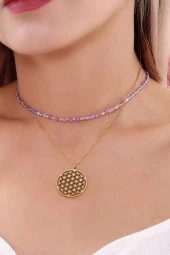 Kadın  Altın Kaplama Yaşam Çiçeği Çelik Kolye & Kristal Dorikalı Kum Boncuk Kolye Seti thumbnail 1