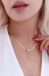 Kadın Ezme Zincirli Simli Kelebek Çelik Kolye Gold thumbnail 1