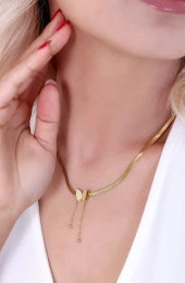 Kadın Ezme Zincirli Simli Kelebek Çelik Kolye Gold thumbnail 3