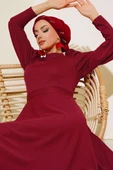 Balon Kol Omuz Pileli Elbise Bordo thumbnail 1