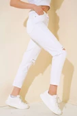 Dar Paça Yırtık Pantolon Beyaz thumbnail 2