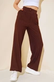 Çizgili Krep Salaş Pantolon Kahve - 2