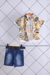 Babyhola Pamuk Botanik Desenli Gömlek Kot Şort Erkek Bebek Çocuk Bayramlık Takım Elbise Safari Doğum Günü Konsept 22343 - 1