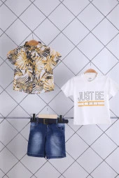 Babyhola Pamuk Botanik Desenli Gömlek Kot Şort Erkek Bebek Çocuk Bayramlık Takım Elbise Safari Doğum Günü Konsept 22343 - 2