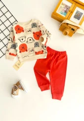 Neşeli Bebekler Ayıcık Ve Koala Baskılı Desen İki İplik Penye Kumaş Takım Kiremit thumbnail 1