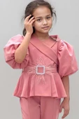 Kız Çocuk Fermuar ve Kemer Detaylı Kruvaze Yaka Pembe Alt Üst Takım thumbnail 2