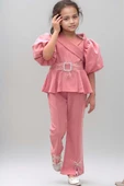 Kız Çocuk Fermuar ve Kemer Detaylı Kruvaze Yaka Pembe Alt Üst Takım thumbnail 1