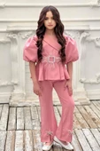 Kız Çocuk Fermuar ve Kemer Detaylı Kruvaze Yaka Pembe Alt Üst Takım thumbnail 7