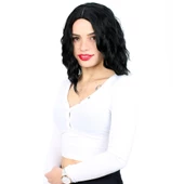 Fiber Sentetik Kısa Dalgalı Perçemsiz Peruk - Siyah thumbnail 3