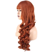 Dalgalı Perçemli Uzun Fiber Sentetik Peruk - Bakır thumbnail 3