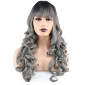 Dalgalı Perçemli Uzun Fiber Sentetik Peruk - Siyah / Gri Ombreli thumbnail 1