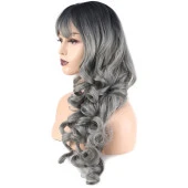 Dalgalı Perçemli Uzun Fiber Sentetik Peruk - Siyah / Gri Ombreli thumbnail 3