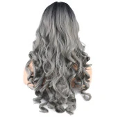 Dalgalı Perçemli Uzun Fiber Sentetik Peruk - Siyah / Gri Ombreli thumbnail 4