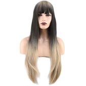 Düz Perçemli Uzun Fiber Sentetik Peruk - Küllü Siyah / Balköpüğü Ombreli thumbnail 1