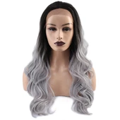 Su Dalgası Fiber Sentetik Tül Peruk - Siyah / Gri Ombreli thumbnail 1