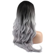 Su Dalgası Fiber Sentetik Tül Peruk - Siyah / Gri Ombreli thumbnail 4