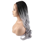 Su Dalgası Fiber Sentetik Tül Peruk - Siyah / Gri Ombreli thumbnail 3