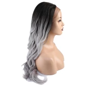 Su Dalgası Fiber Sentetik Tül Peruk - Siyah / Gri Ombreli thumbnail 2