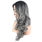 Dalgalı Perçemsiz Uzun Fiber Sentetik Peruk - Siyah / Gri Ombreli thumbnail 3