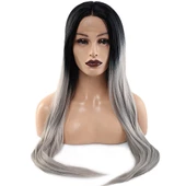 Fiber Sentetik Düz Uzun Tül Peruk - Siyah Gri Ombreli thumbnail 5