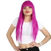 Uzun Kahküllü Fiber Sentetik Peruk - Fuşya thumbnail 1