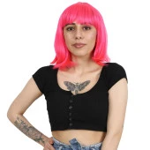 Küt Kahküllü Fiber Sentetik Peruk - Neon Pembe thumbnail 1