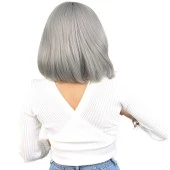 Küt Kahküllü Fiber Sentetik Peruk - Gri thumbnail 4