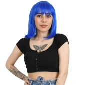 Küt Kahküllü Fiber Sentetik Peruk - Koyu Mavi thumbnail 1