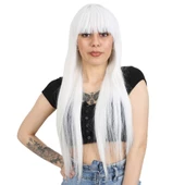 Uzun Kahküllü Fiber Sentetik Peruk - Beyaz thumbnail 4