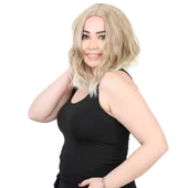 Fiber Sentetik Kısa Dalgalı Perçemsiz Peruk - Karamel / Platin Röfleli thumbnail 3