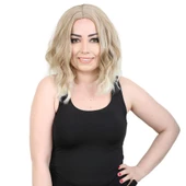 Fiber Sentetik Kısa Dalgalı Perçemsiz Peruk - Karamel / Platin Röfleli thumbnail 1