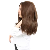 Kahkülsüz Fiber Sentetik Orta Boy Düz Peruk - Kahve Karamel thumbnail 3