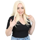 Kahkülsüz Fiber Sentetik Orta Boy Düz Peruk - Platin thumbnail 1