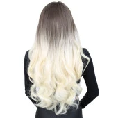 Kahküllü Uzun Dalgalı Fiber Sentetik Peruk - Küllü Açık Kahve / Platin Ombreli thumbnail 4