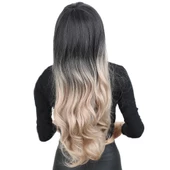 Kahküllü Uzun Dalgalı Fiber Sentetik Peruk - Siyah / Küllü Bebek Sarı  Ombreli thumbnail 4