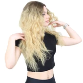 Kabarık Dalgalı Uzun Fiber Sentetik Peruk - Kumral / Sarı Ombreli thumbnail 2