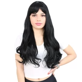 Kahküllü Uzun Dalgalı Fiber Sentetik Peruk - Siyah thumbnail 1