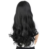 Kahküllü Uzun Dalgalı Fiber Sentetik Peruk - Siyah thumbnail 4