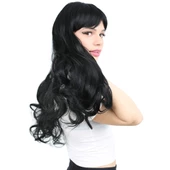 Kahküllü Uzun Dalgalı Fiber Sentetik Peruk - Siyah thumbnail 2