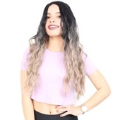 Su Dalgası Uzun Perçemsiz Fiber Sentetik Peruk - Siyah / Küllü Bebek Sarı Ombreli thumbnail 1