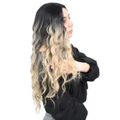 Su Dalgası Uzun Perçemsiz Fiber Sentetik Peruk - Siyah / Balköpüğü Ombreli thumbnail 2