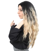 Su Dalgası Uzun Perçemsiz Fiber Sentetik Peruk - Siyah / Balköpüğü Ombreli thumbnail 3