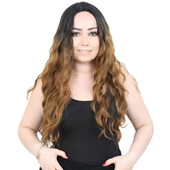 Su Dalgası Uzun Perçemsiz Fiber Sentetik Peruk - Siyah / Karamel Ombreli thumbnail 1